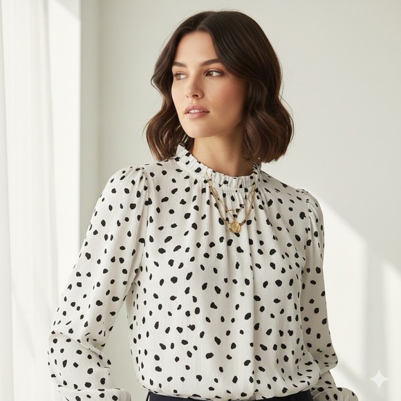 Maison d’Amélie Paris Tops - Maison d'Amélie Paris Dalmatian Dot Blouse Large Ruffle Mock Neck Smocked Cuff L